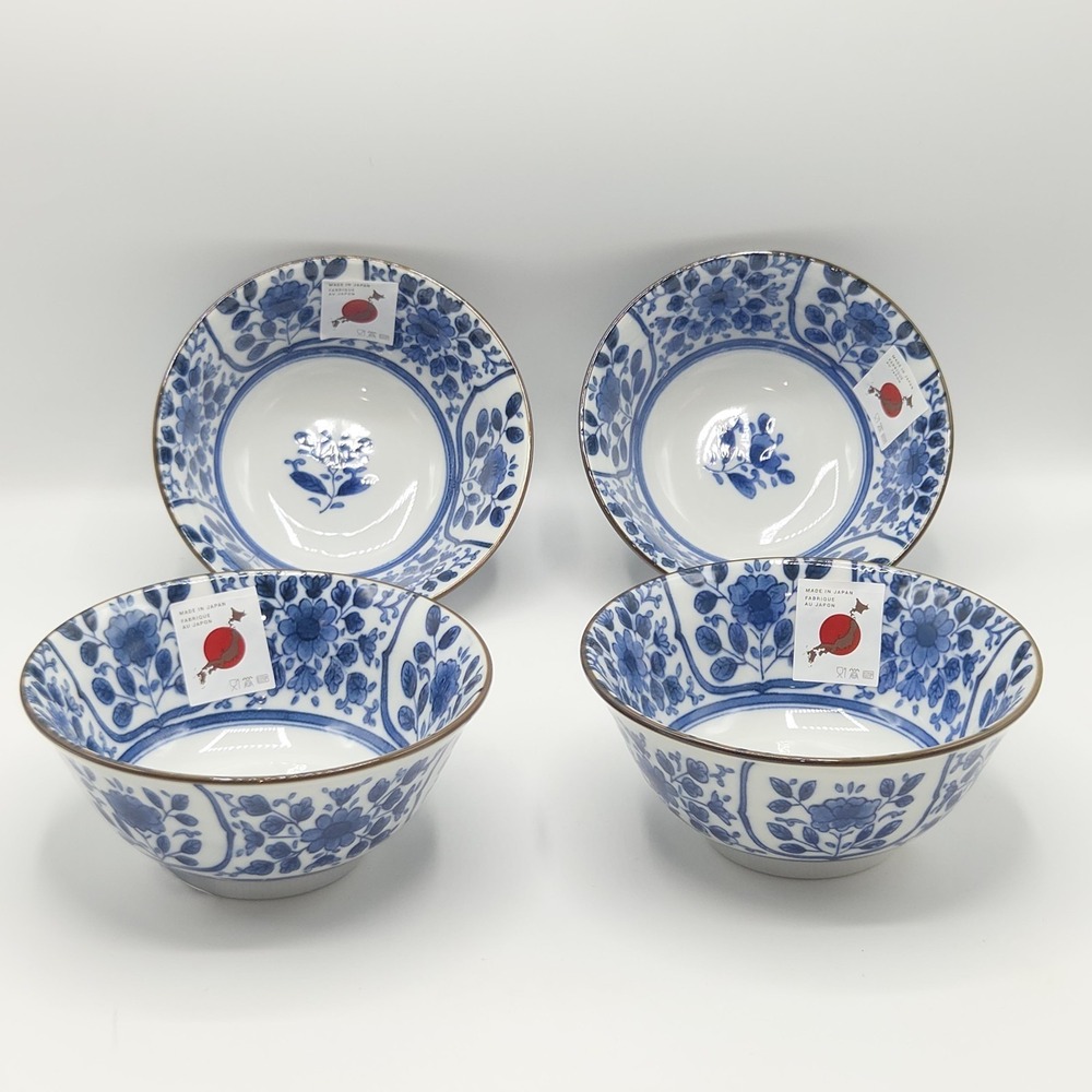 TSD‎ 4pc Japanese Porcelain Rice Footed Bowl Set 5.9" Blue Floral Made in Japan